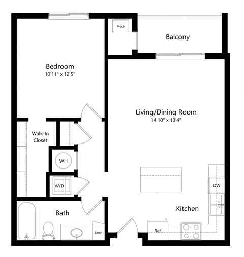 a 2D floorplan of the 1-bedroom Higgins at The Conrad in Omaha, NE 68105